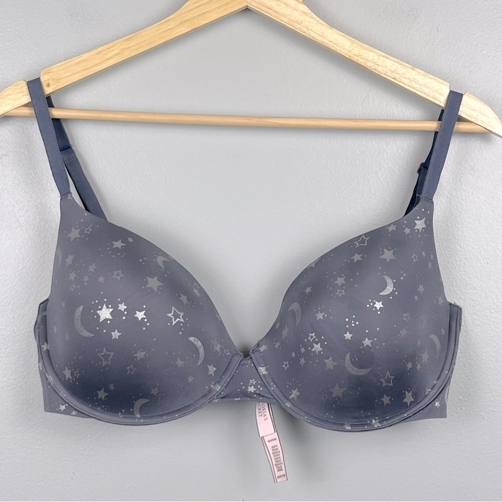Victoria’s Secret Demi gray & silver star & moon underwire convertible bra, 36DD